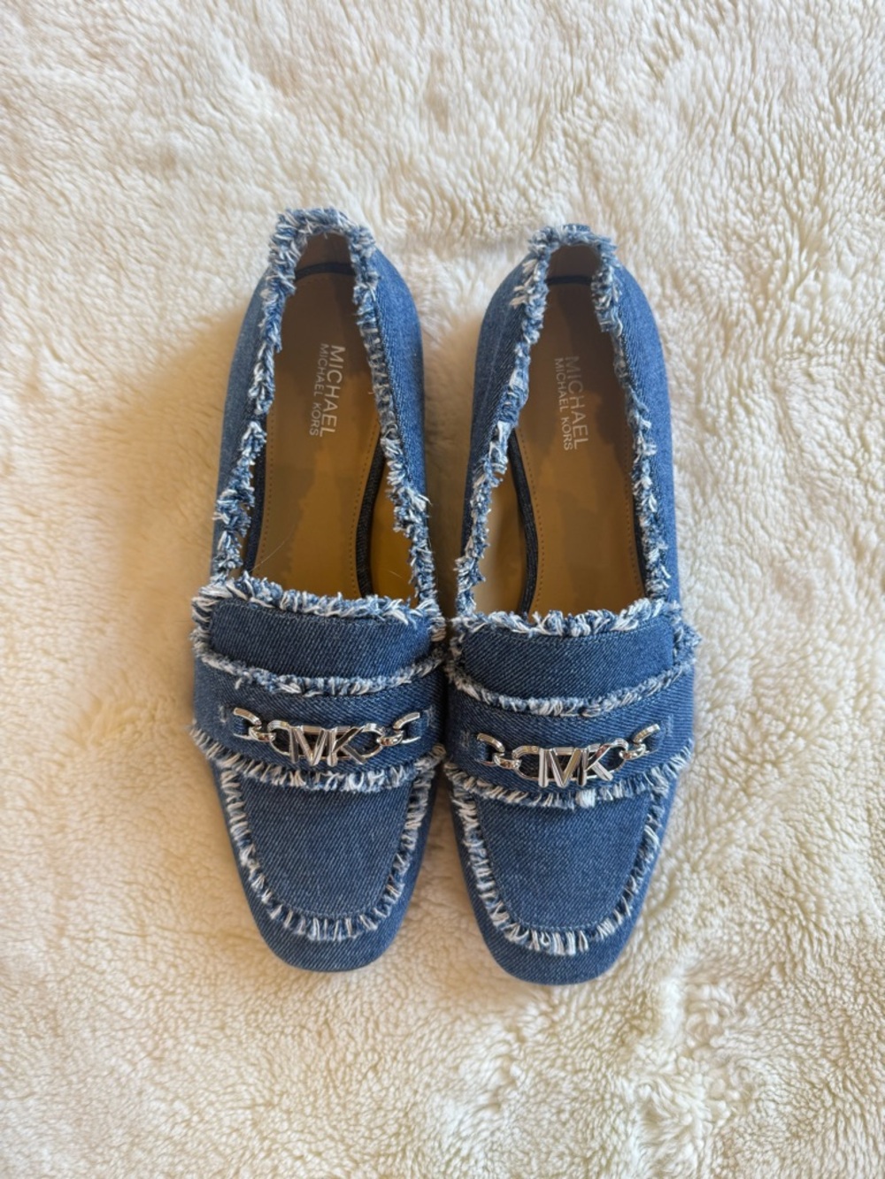 MICHAEL MICHAEL KORS DENIM FRINGE CHAIN MOC LOAFERS BLUE FLAT 8M